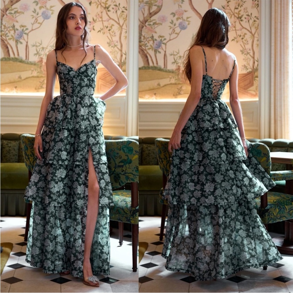 RARE! V. Chapman Caterina Maxi Dress Emerald Green Peony Print